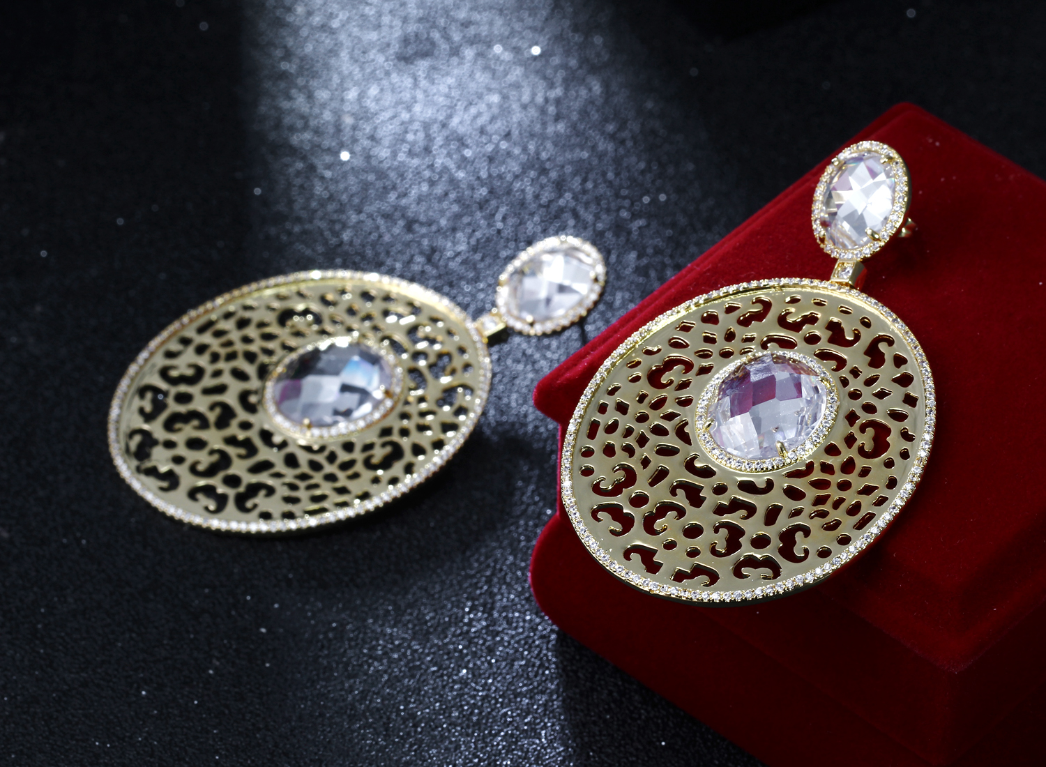 Fashion-gold plate earrings long oval design earrings for party high quality cubic zirconia earrings white gold filled jewelry