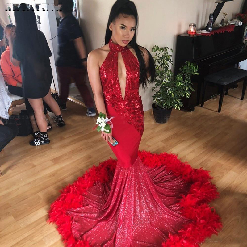 2019 Sexy Mermaid Red Feather Prom Dress with Train Sparkly Sequins Dresses Appliques Cut-out High Neck African Graduation Party Dresses