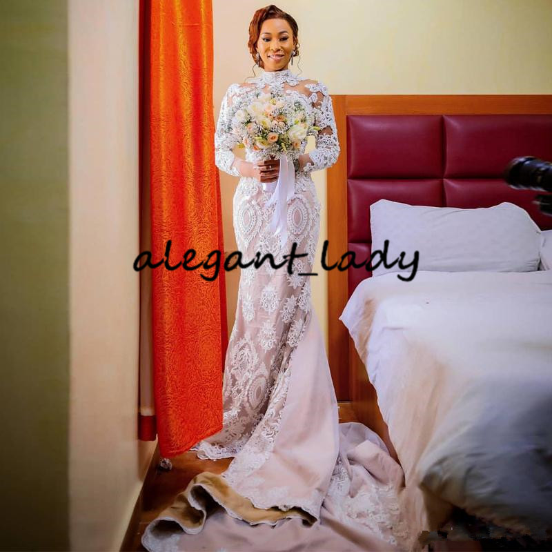 High Neck Long Sleeve Mermaid Wedding Dresses 2020 Luxury Lace Applique nude lining African Bride Party Dancing Wedding Gown