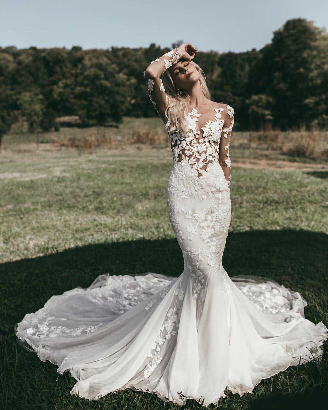 2020 New Long Sleeve lace Sheer Mermaid Wedding Dresses Vintage Bling Long Train Hochzeitskleid Wedding Gowns vestito da sposa