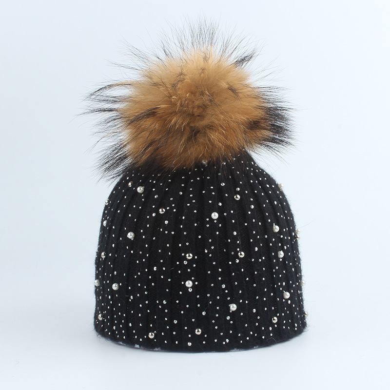 

Winter Rhinestone Hats Wool Knitted Beanies Cap Real Fur Pompom Hat Skullies Outdoor Ski Warm Knit Caps GGA3085-4, As pic