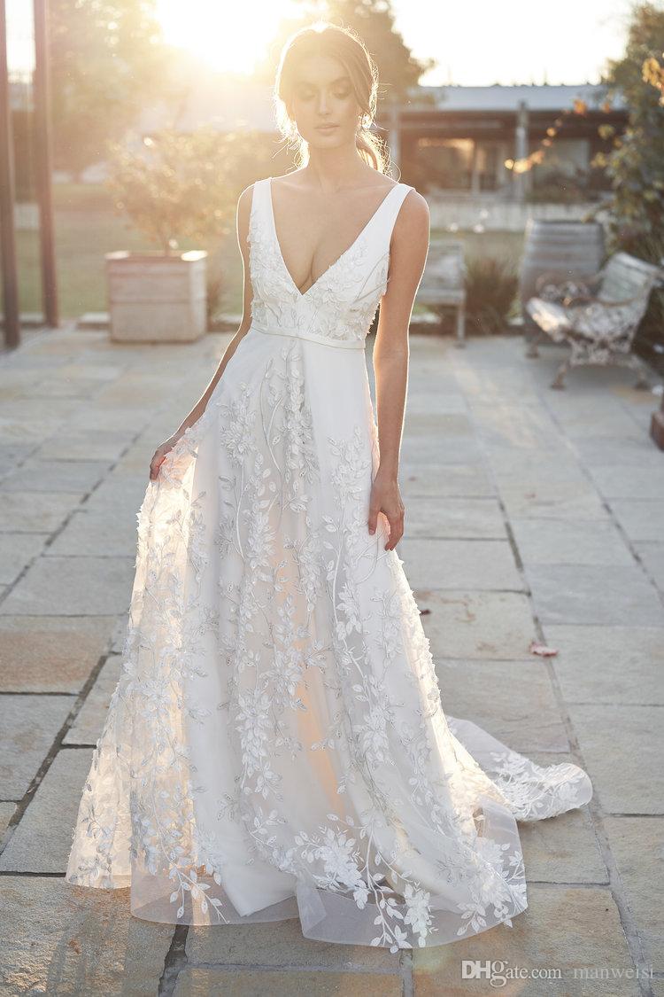 Line Bohemian A New Dresses Lace Applique V Neck Boho Sweep Train Bridal Gowns Backless Country Beach Wedding Dress Pplique pplique