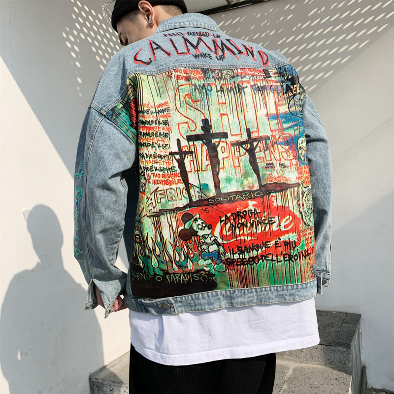 Calm mind Lucky Ghost Little Demon Graffiti Print old Damaged Hole Denim Jacket Men Women Loose Coat T200115
