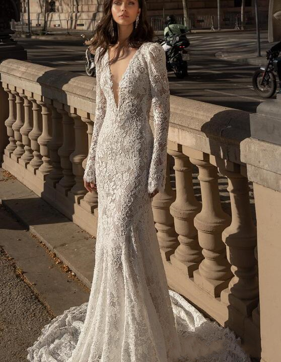 Julie Mermaid Vino Lace Wedding Dresses Deep V Neck Long Sleeve Bridal Gowns Backless Sexy Vintage Vestido De Novia Intage Estido