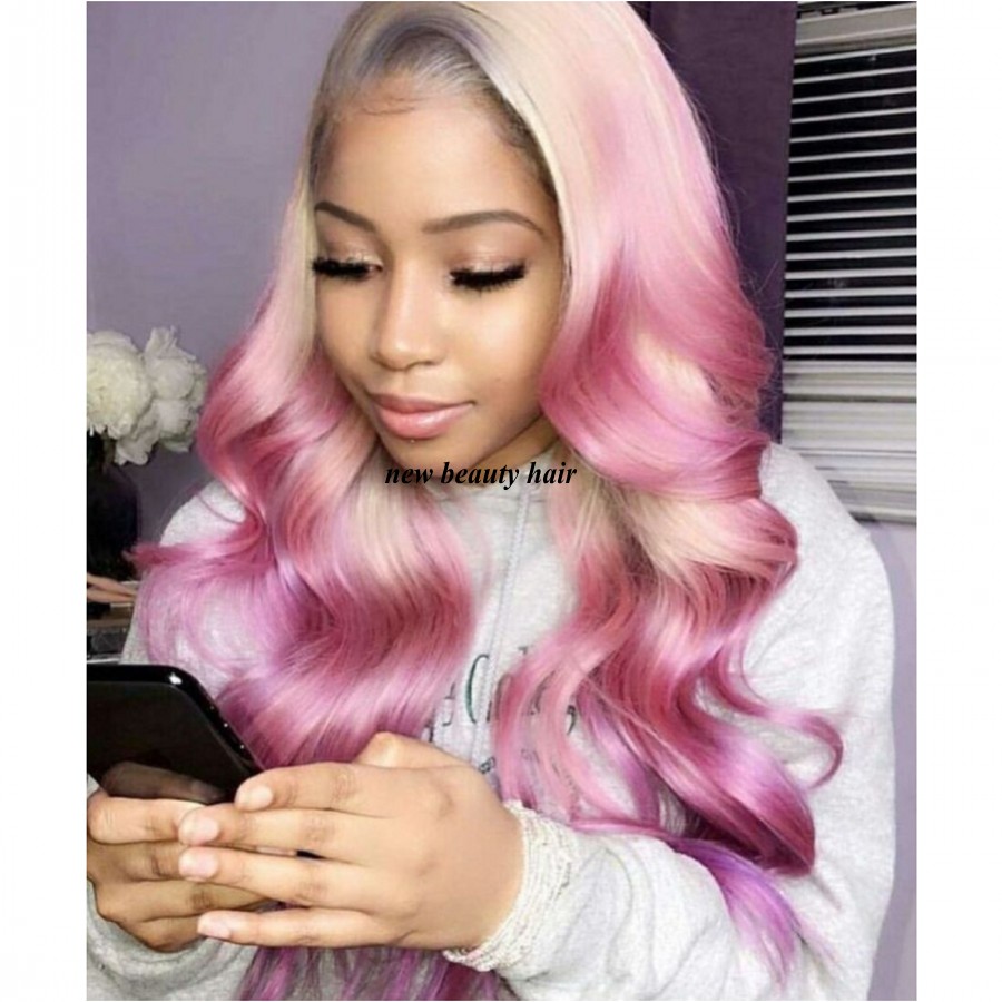 New cosplay style blonde roots pink Brazilian Lace Front Wigs synthetic With Baby Hair Body Wave Pre Plucked ombre Lace Wig For Women