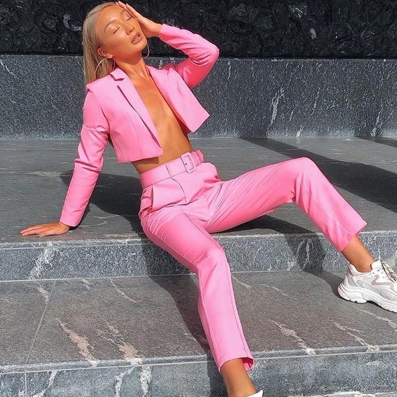 Townlike Casual Women Suits Office Sets Fluorescence Neon Green Crop Top And Pant For Blazer Set