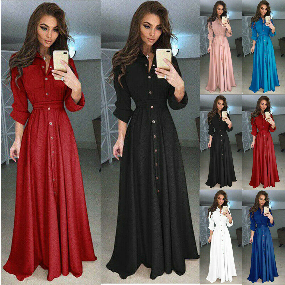 Casual Dresses Summer Autumn Female Buttons V Neck Long Sleeve Solid Black Red Loose Big Size Maxi Dress Women Fashion T