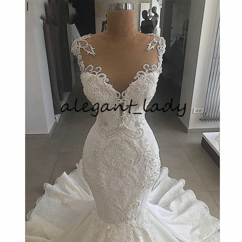 luxury mermaid wedding dress sheer nude back beading lace satin vneck robe de mariee ivory white real wedding gown