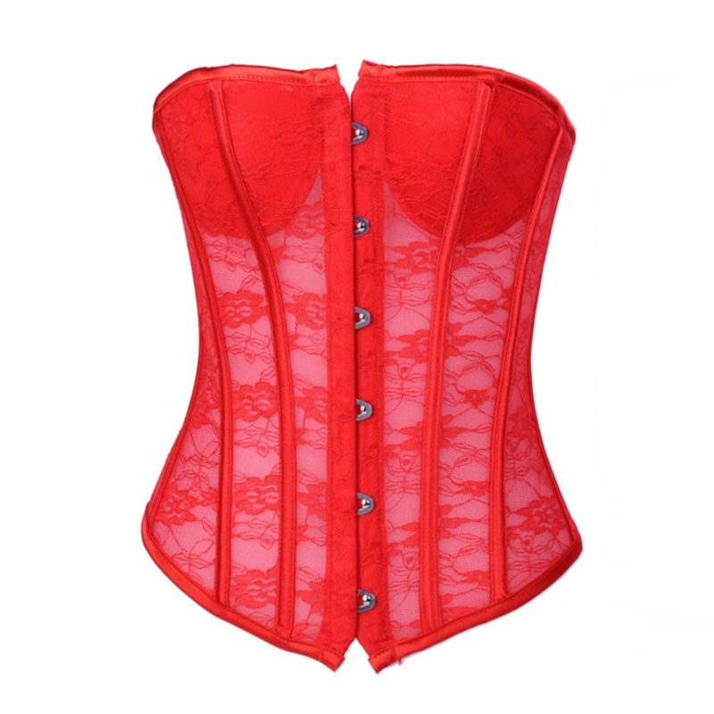 Lace Mesh Overbust Corset Top Women Fashion Transparent Plastic Boned Underwire Padded Cups Sexy Lace-up White Bridal Corset