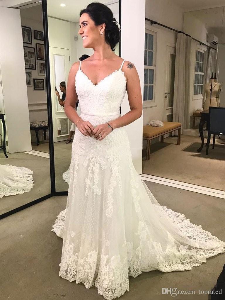 Sexy Charming New A Line Wedding Dresses Spaghetti Straps Backless Sleeveless Formal Floor Length Lace Bridal Gowns Custom Made Cheap