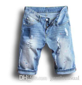 Men Jean Shorts Summer Ripped Denim Blue Half Knee Length Shorts Slim Fit Shorts