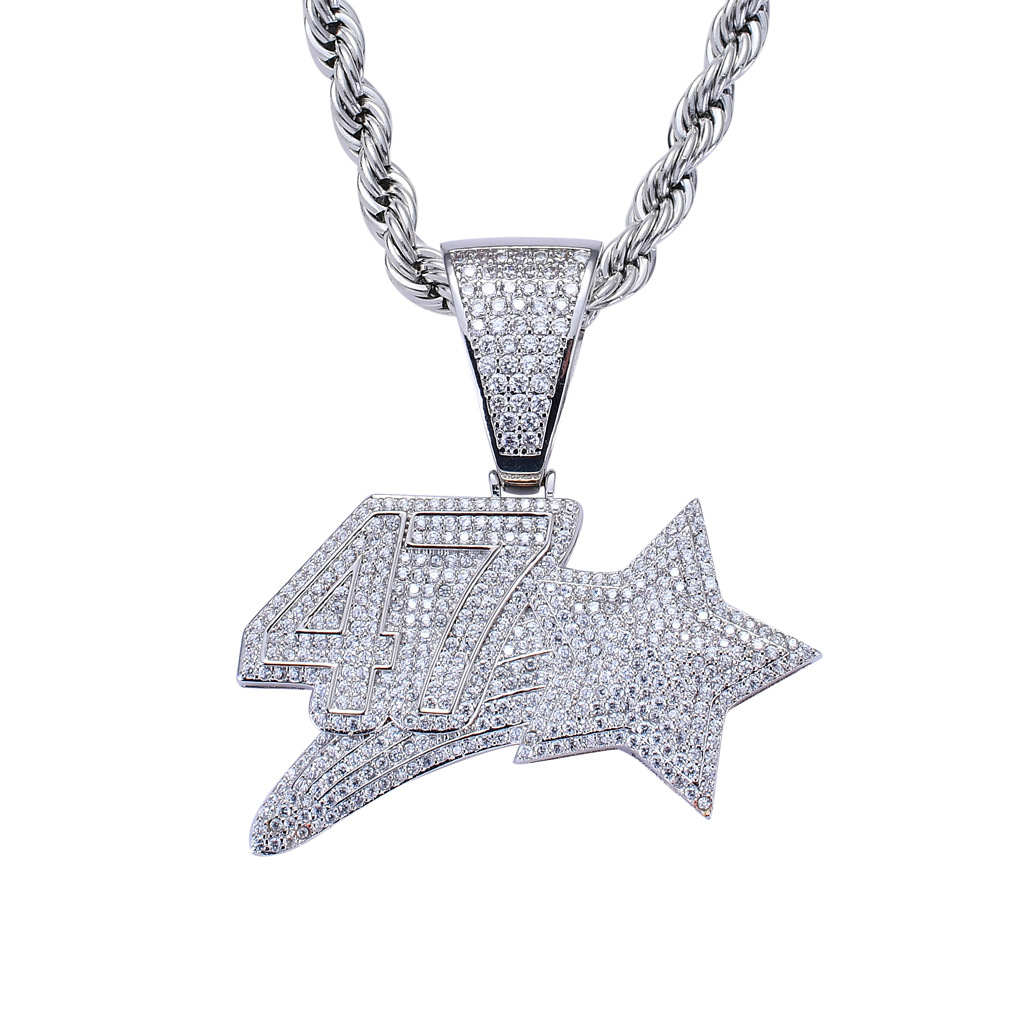 New Style 18K Gold Plated Full CZ Cubic Zirconia Number 47 Star Pendant Necklace Twist Chain Hip Hop Punk Rock Jewelry Gifts for Men & Women