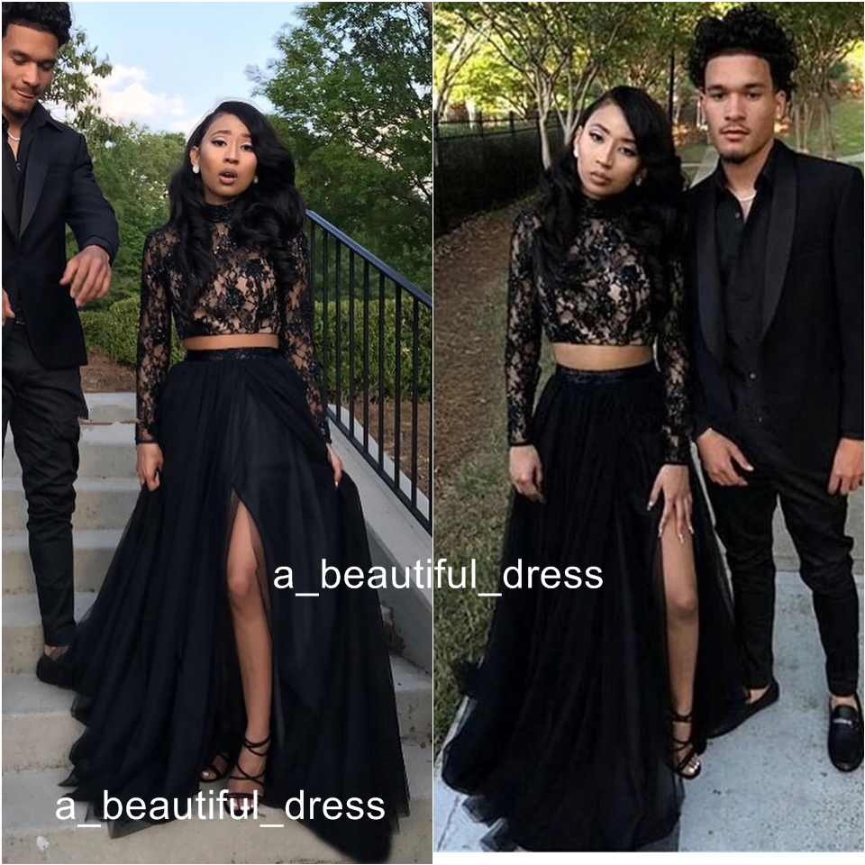 Two Pieces Black Long Sleeves Lace A Line Long Prom Dresses High Neck Tulle Split Floor Length Party Evening Dresses ED1241