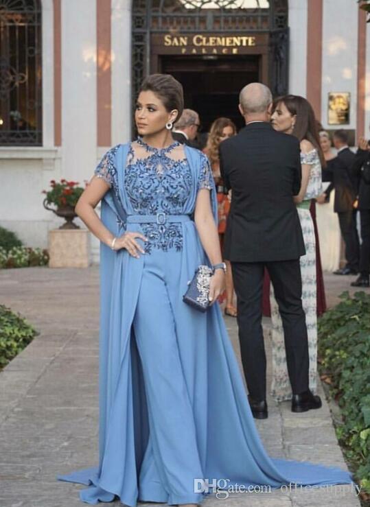 Plus Size Jumpsuits Prom Dresses With Wrap 2019 Beaded Applique Saudi Arabic Dress Evening Gowns Long Women Party Suits Custom