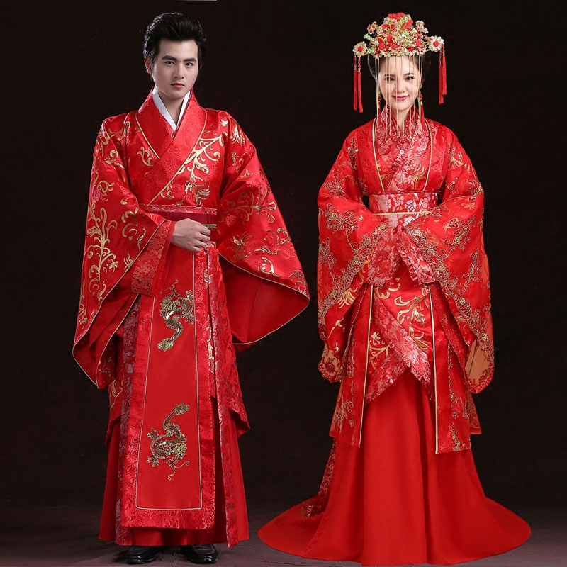 Chinese Style Ancient Wedding Clothing Antique Groom Garment Red Couple Lovers Hanfu Wedding Costume With Long Tail Bride Dress