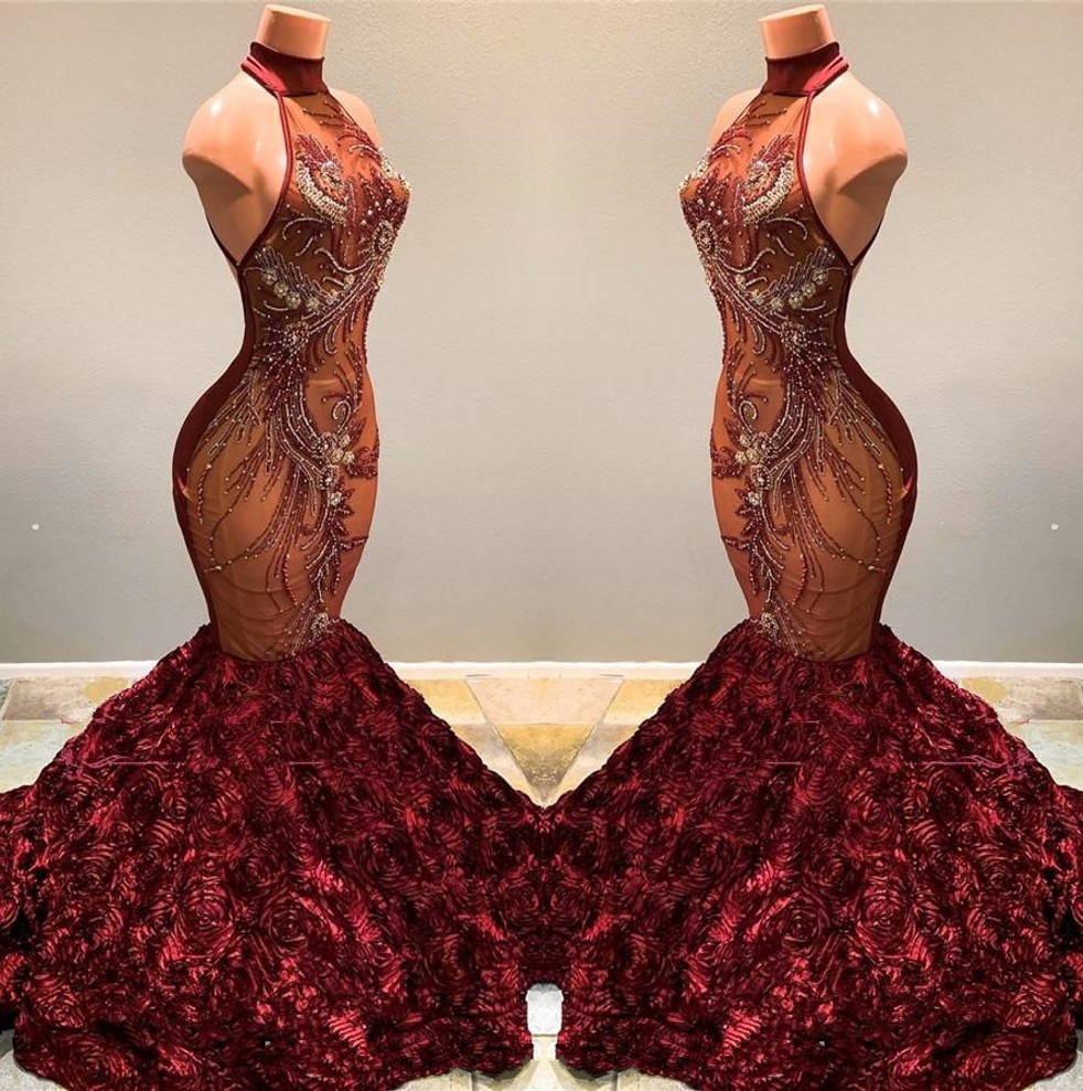 2020 Gorgeous Burgundy Mermaid Prom Dresses High Neck Lace Beaded Appliqued 3D Rose Flowers Pageant Party Gowns Vestidos BC1181