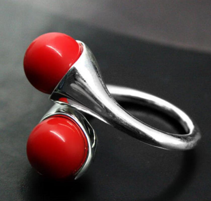 Cluster Rings Fashion Jewelry 6MM RED CORAL 925 STERLING SILVER RING SIZE ADJUSTABLE -Bride
