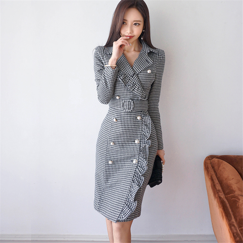 2018 New Women' Spring Korean Temperament Slim Houndstooth Double Breasted Ruffle Dress Autumn Plaid Dresses Women Z429, Gray
2018 New Women' Spring Korean Temperament Slim Houndstooth Double Breasted Ruffle Dress Autumn Plaid Dresses Women Z429, Gray