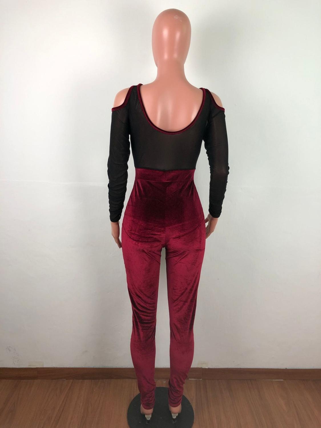 Adogirl Sheer Mesh Patchwork Velvet Jumpsuit Women Sexy Cold Shoulder Long Sleeve Skinny Romper Night Club Overalls Bodysuits T200107