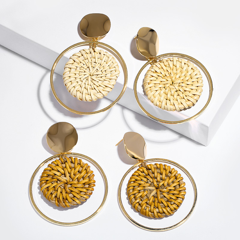 Rattan round earrings hot fashion bamboo rattan woven earrings ladies handmade round long pendant earrings ladies gifts