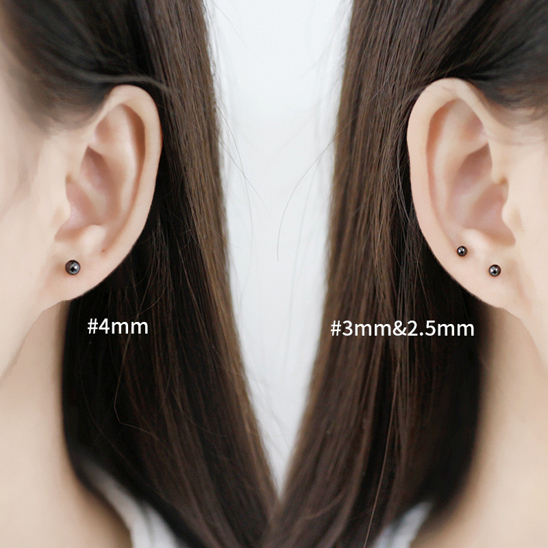 2.5mm 3mm 4mm 5mm 6mm Black Round Bead Stud Earring For Women 100% Genuine 925 Sterling Silver Ear Piercing Earring Black Color
