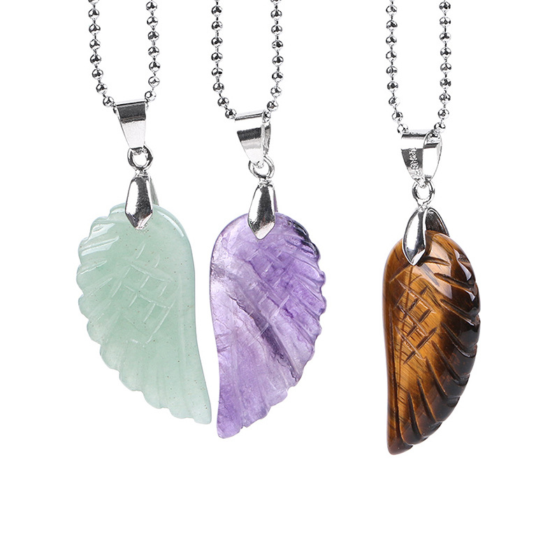 Natural Gem Stone Angel Wing Necklaces & Pendants Purple Pink Rock Crystal Lapis Lazuli Opal Green Aventurine Jewelry