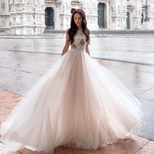 2020 Modest Idaorez Simple A Line Wedding Dresses High Neck Sleeveless Tulle Lace Applique Wedding Gowns Sweep Train robe de mariée