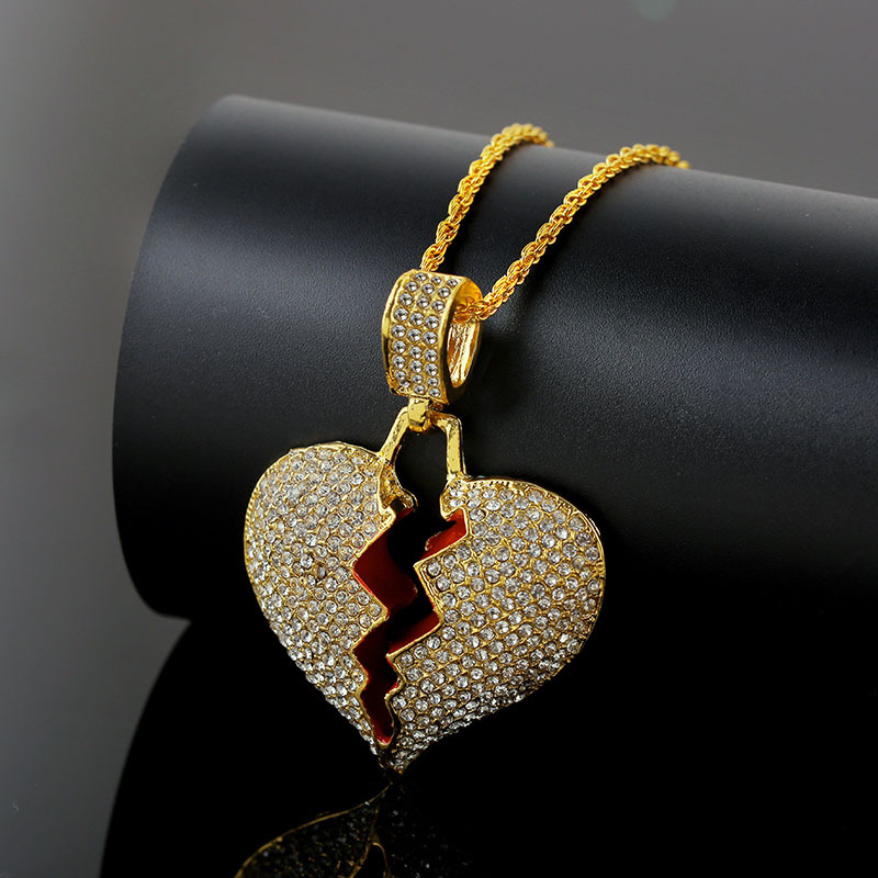 Iced Out Chains Broken Heart Pendant Necklaces Men's Bling Crystal Rhinestone Love Charm Gold Silver Twisted Chain for Women Hip Hop Jewelry