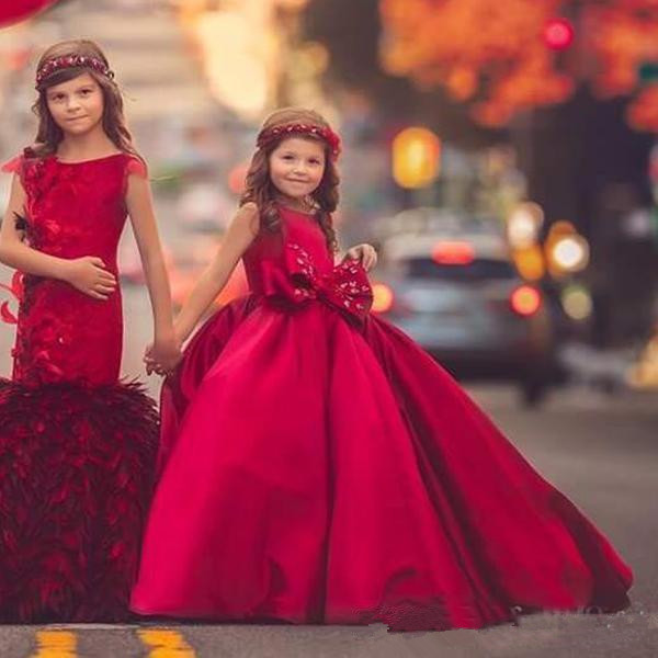 princess red ball gown flower girls dresses for weddings kids formal wear fashion pageant outfit satin gown vestidos de primera