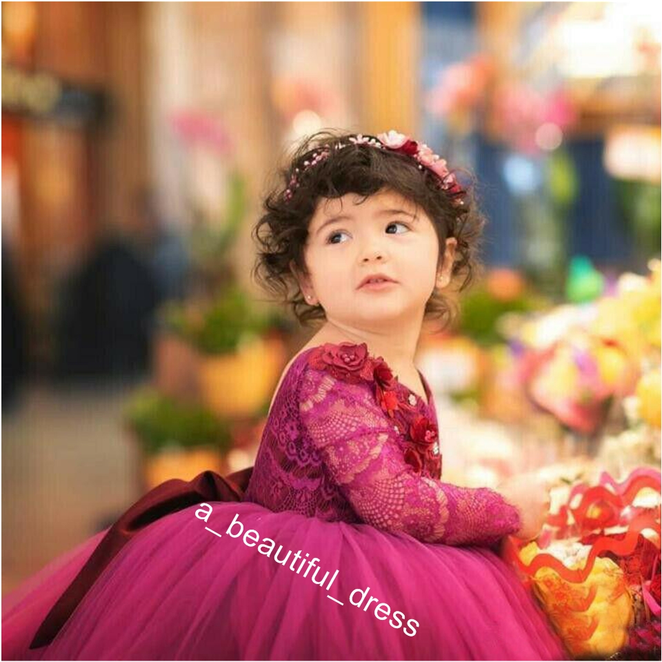 Puffy Flower Girls Dresses 3D Flower V Neck Long Sleeve Kids Teens Pageant Gowns Birthday Party Dress For Wedding Cooktail Gown FG1293