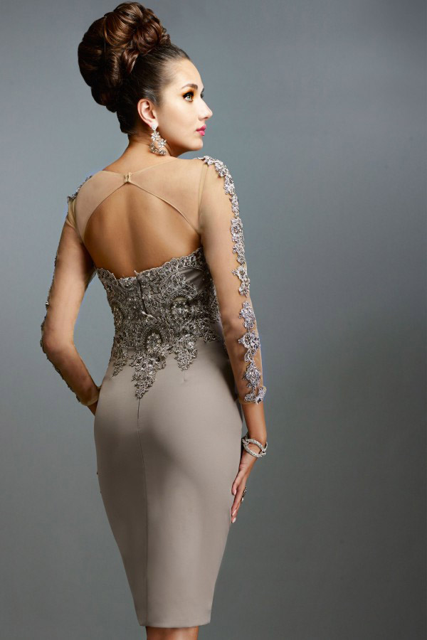 Elegant Janique Sheath Mother of The Bride Dresses Jewel Long Sleeve Lace Applique Crystal Wedding Guest Dress Knee Length Evening Gowns
