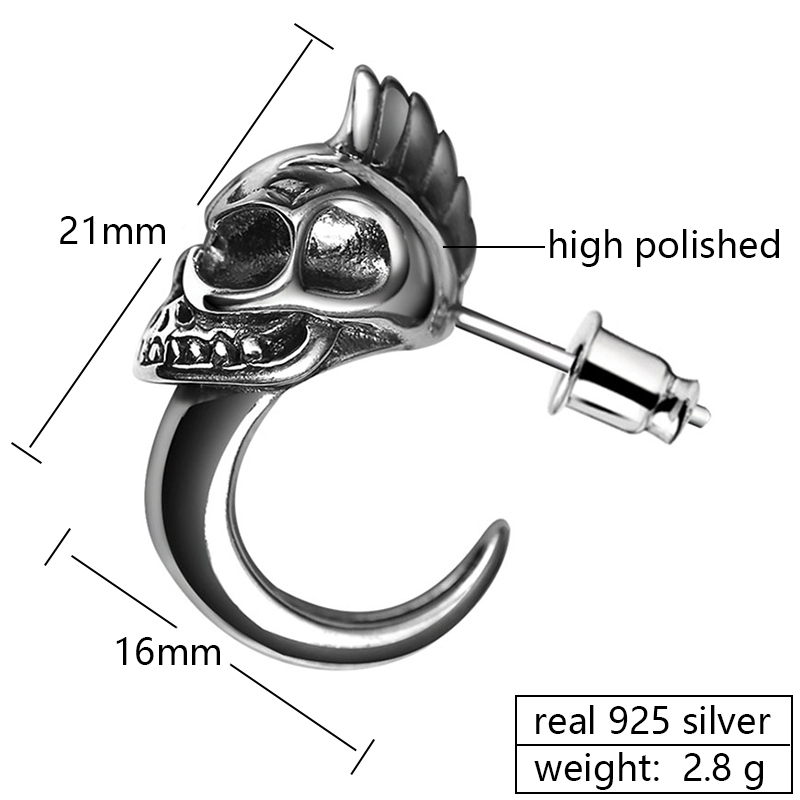 ZABRA 925 Sterling Silver Skull Stud Mens Earrings Vintage Black Earring Men Punk Skeleton Studs For Men Biker Jewelry 1pcs CX200623