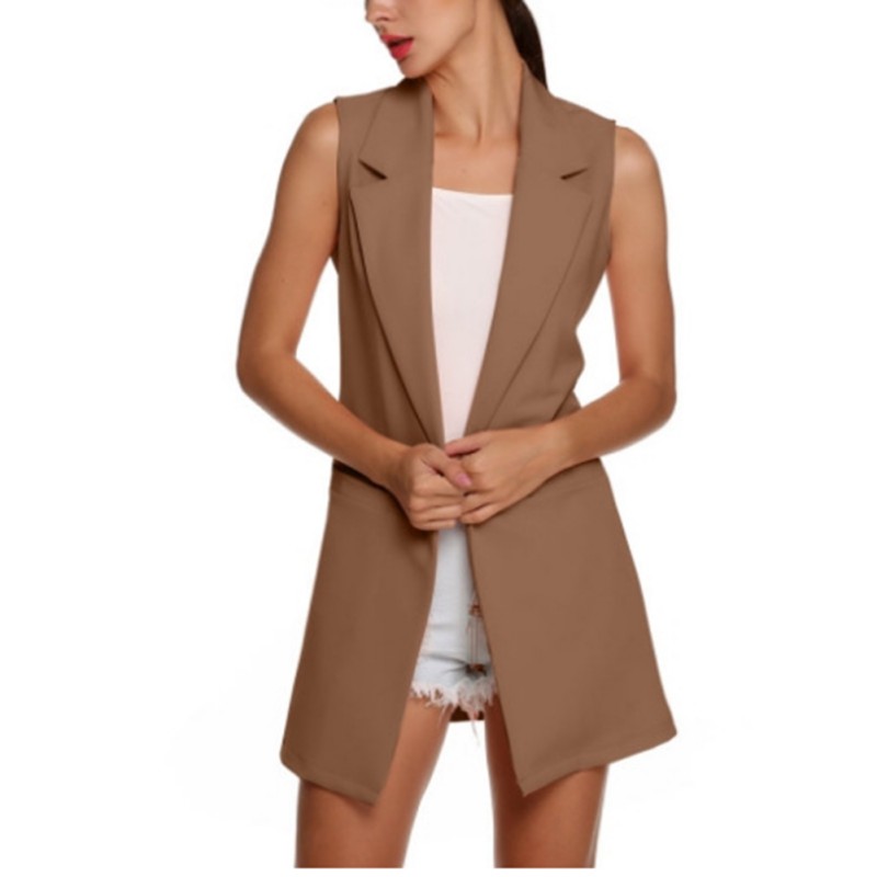 2019 Fashion Sleeveless Turn Down Collar Vest For Womem Slim Elegant Long Vest Cardigan Commuter Casual Blazer Women's