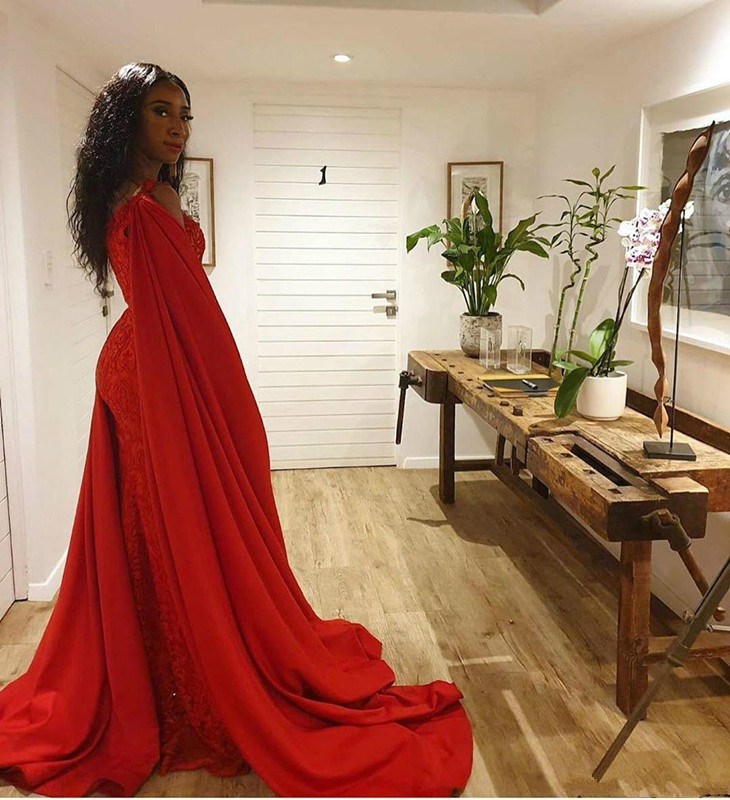 Red Lace Stain Mermaid Evening Pageant Dresses with Long Cape 2020 Modern Overskirt African Sheer Neck Occasion Prom Gowns
