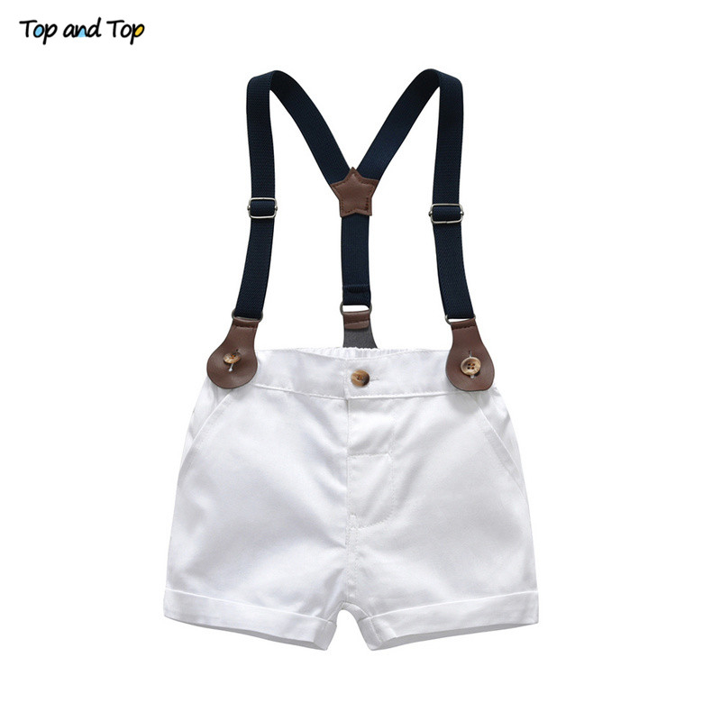 Baby Boy Gentleman Clothes Set Summer Suit For Toddler Striped Shirt with Bow Tie+Suspenders White Shorts Formal Boys Clothes T191024