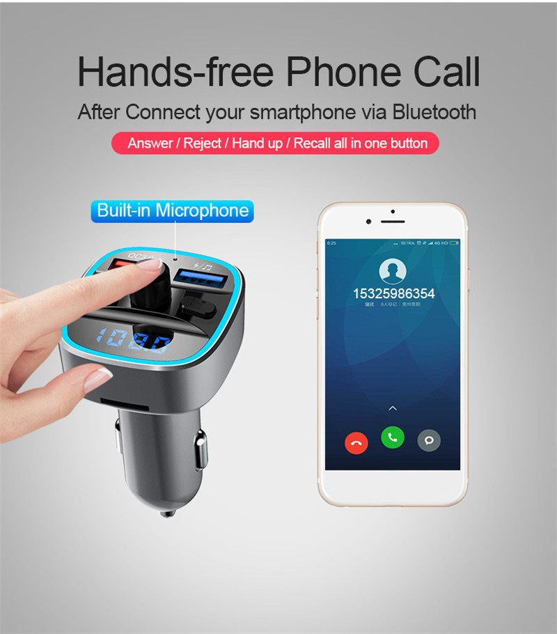 T25S Car FM Transmitter Auto Charger Bluetooth Handsfree Music Player Vehicle Radio Adapter Kit With Double USB QC 3.0 Fast Charging Ports