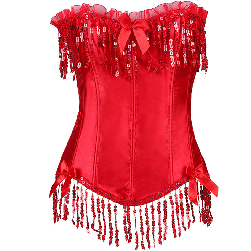 Women Sequined Tassels Overbust Corset with Lace Frill Trim and Satin Bows Details Sexy Lace-up Beading Bustier G-string Set