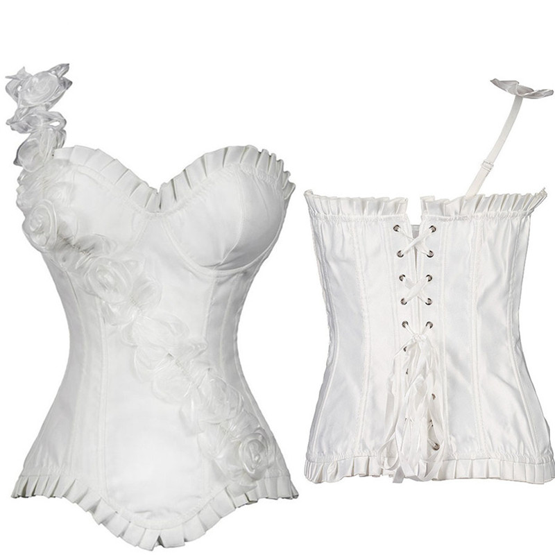 Rose Flowers Satin Overbust Corset with Frill Trim and Curve Hem Details Sexy One Shoulder Lace-up Corsetlet Bustier S-6XL Plus Size