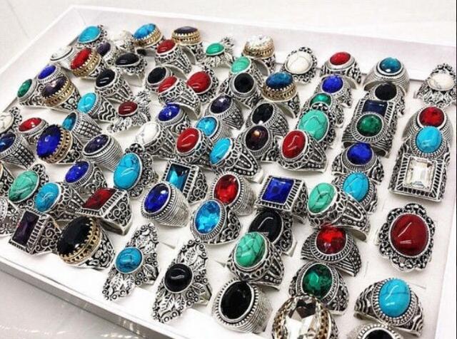 20pcs/pack mix style antique silver mens womens fashion jewelry rings vintage stone gemstone ring party gift wholesale