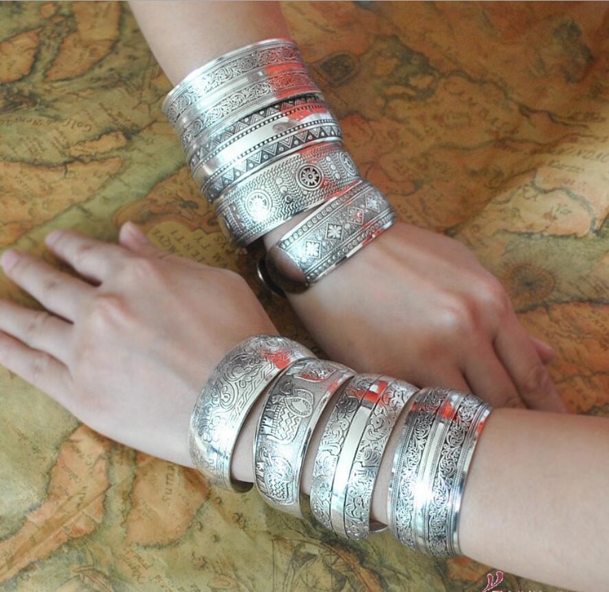 Tibetan Silver Wide Cuff Bangles Bracelets Floral Engravings Boho Chic Bracelet for Women