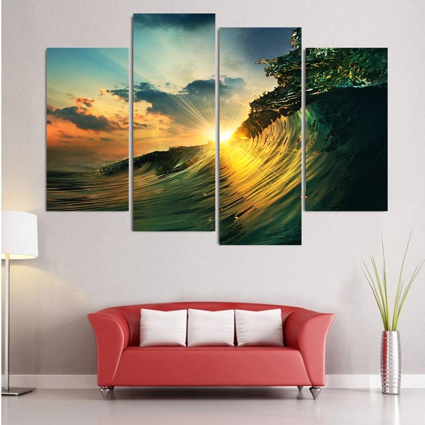 4pcs/set Unframed Moving Wave Under the Sunshine Print On Canvas Wall Art Picture For Home and Living Room Decor