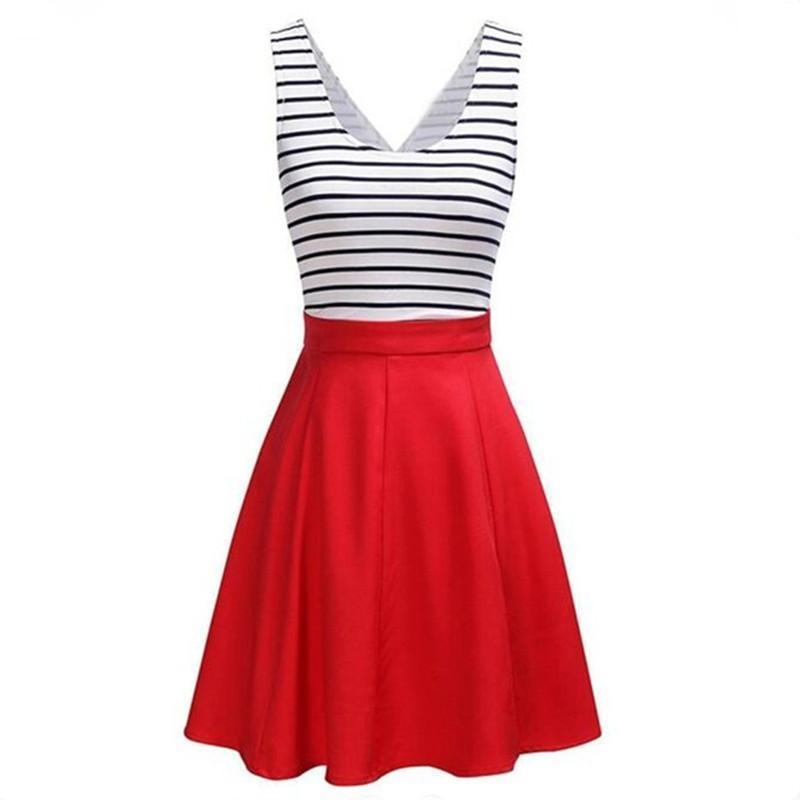 Stripe Printing Dress Summer Europe Russia Trend Women Lady Red Blue Scoop Neck Pleated Sleeveless Waist Patchwork Pleated Dresses