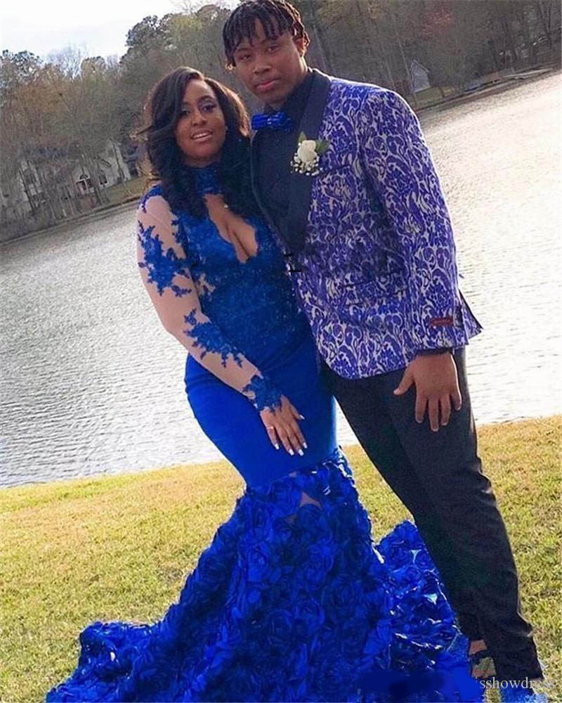 2020 Royal Blue Keyhole Neck High Long Sleeves Mermaid Prom Dresses With 3D Handmade Flowers Formal Party Evening Gowns African