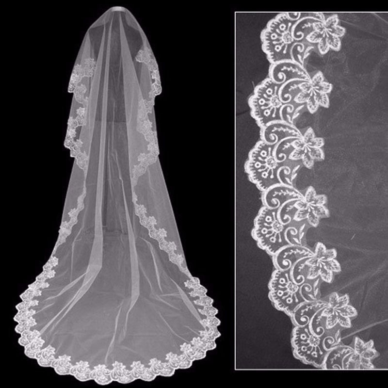 White Lace Appliques Bridal Veils voile de mariee One layer Wedding Accessory 1.5M With No Comb veu de noiva longo