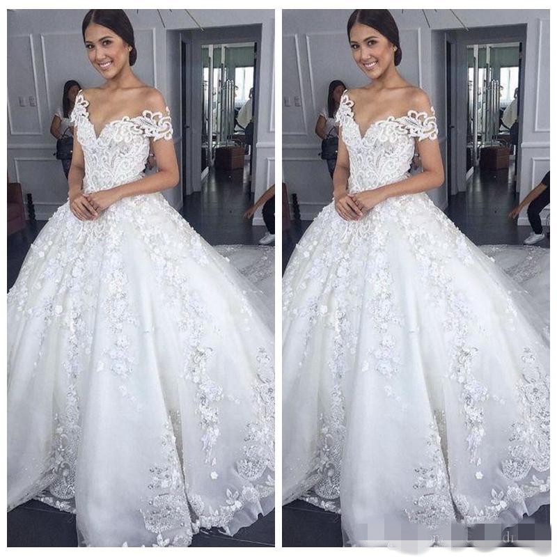 Crystals Dresses Off The Shoulder Lace Applique Chapel Train Tulle Princess Wedding Bridal Ball Gown Vestido De Novia
