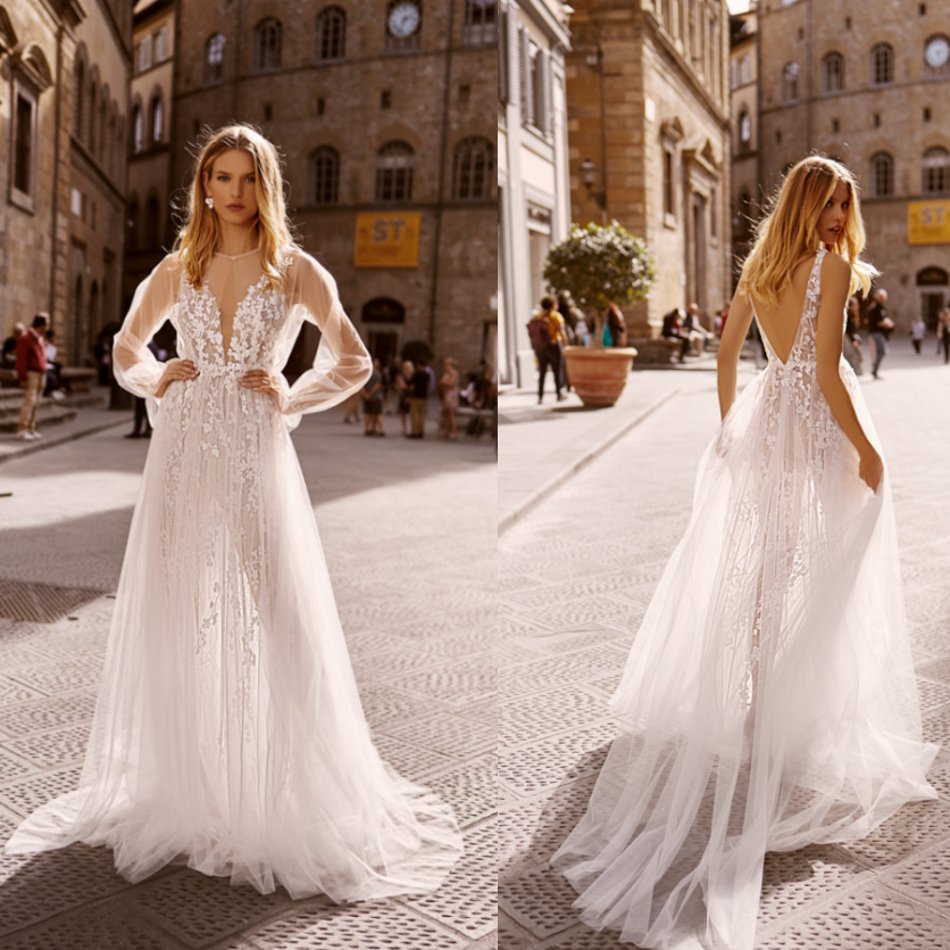 2020 Berta Wedding Dresses With Long Jacket A Line Appliqued Backless Bohemia Wedding Dress Sweep Train Illusion Boho Bridal Gowns Cape, Nude
2020 Berta Wedding Dresses With Long Jacket A Line Appliqued Backless Bohemia Wedding Dress Sweep Train Illusion Boho Bridal Gowns Cape, Nude