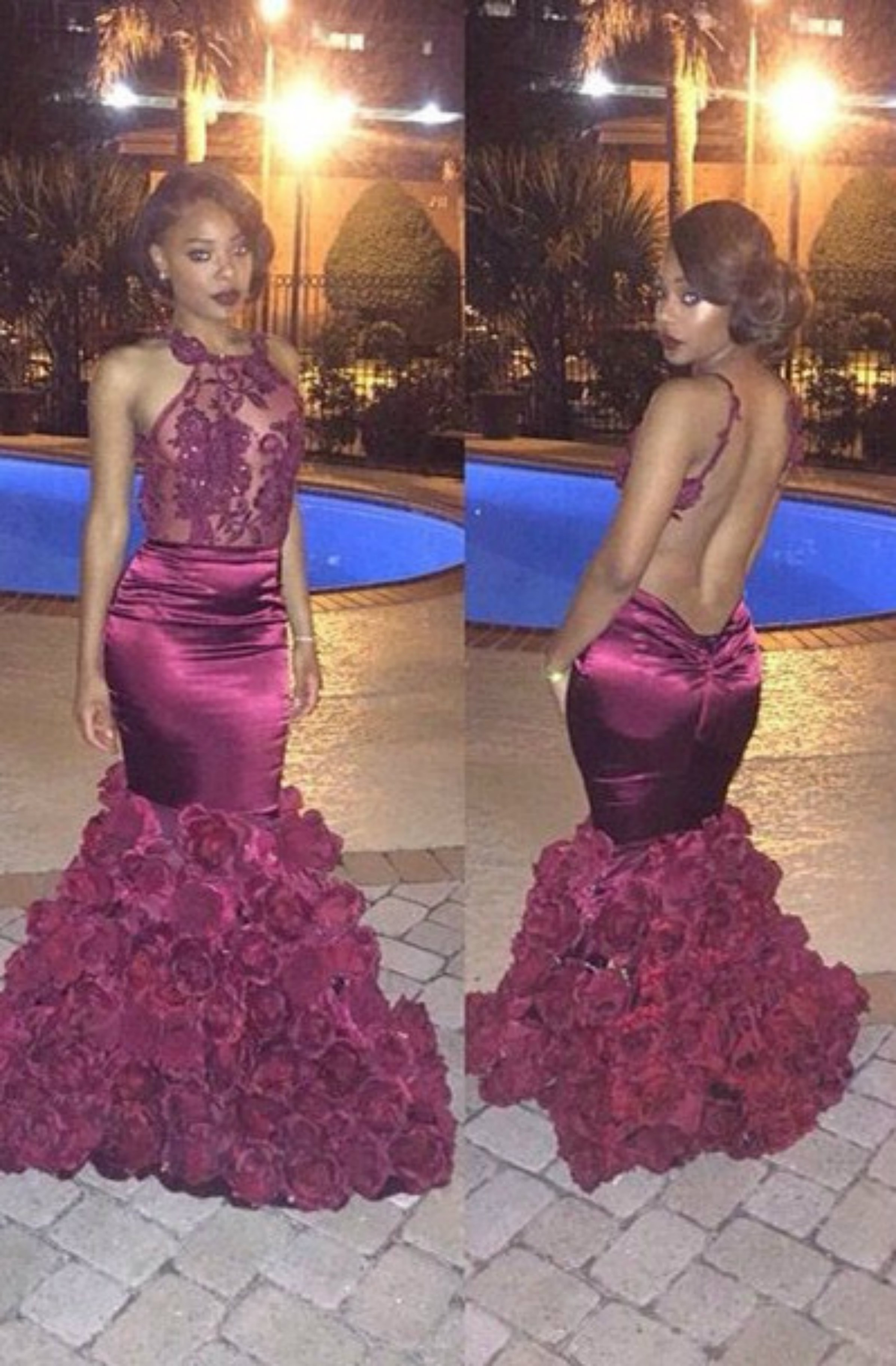African Prom Dresses Black Girls Mermaid Sheer Lace Appliques Jewel Neck Evening Dresses 3D Hand Made Rose Flower Pageant Gowns