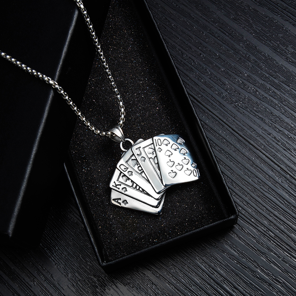 Double Sides Spades Straight Flush Pendant Necklace Titanium Steel Cool Men Stainless Steel Jewelry
