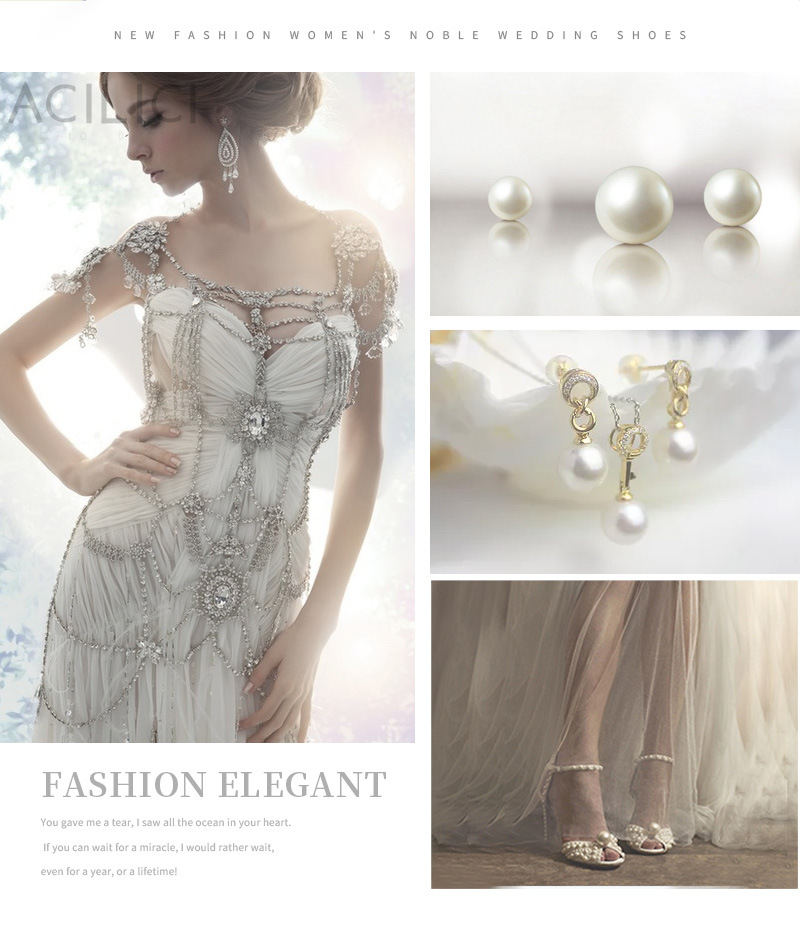 Hot Sale Genuine Leather Peep Toes Shoes Sheep Leather High Heels Pumps Wedding Dress Shoes for Bride Buckle Strap Pearl Sandals