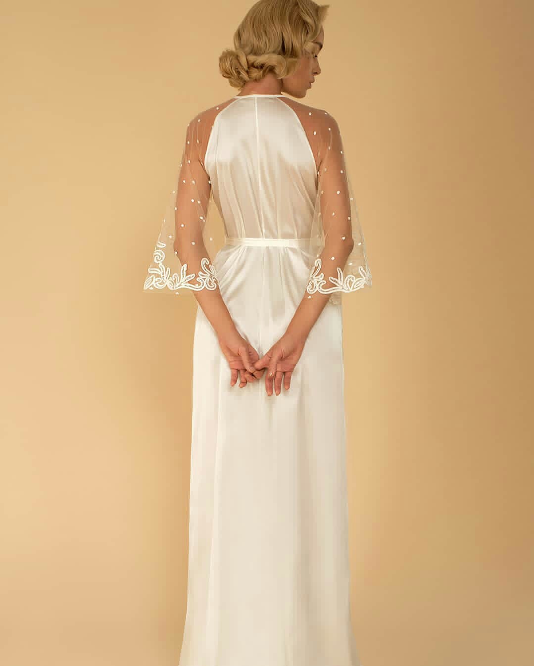 cheap white wedding robes vneck long sleeves lace beaded applique highsplit bathrobes sleepwear custom made sweep train night gown